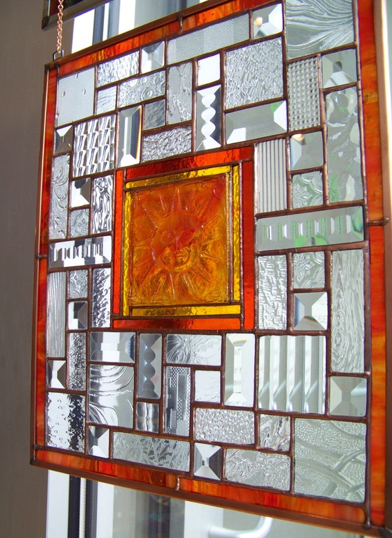 Orange Sun Tile Stained Glass Panel