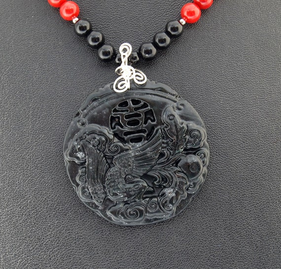 Jade Phoenix Pendant Coral Onyx and by RivendellRockJewelry