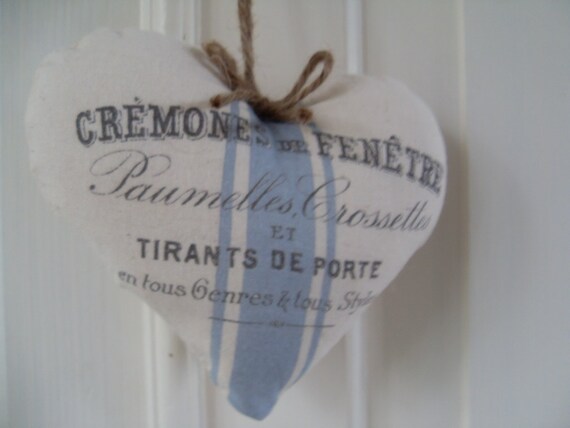 Cremones de Fenetre Blue ticking French country fabric heart Hanger jute string hanger and bow