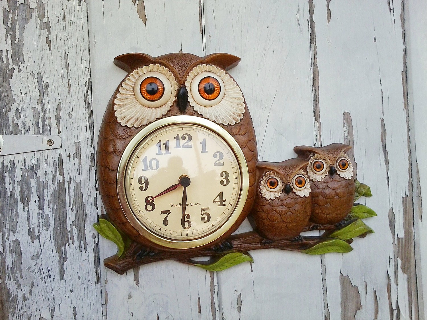 Vintage owl clock with baby owls and mama-retro and mod brown