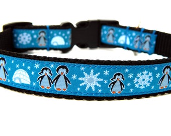Christmas Dog Collar 3/4" or 5/8" Teal Penguin Dog Collar