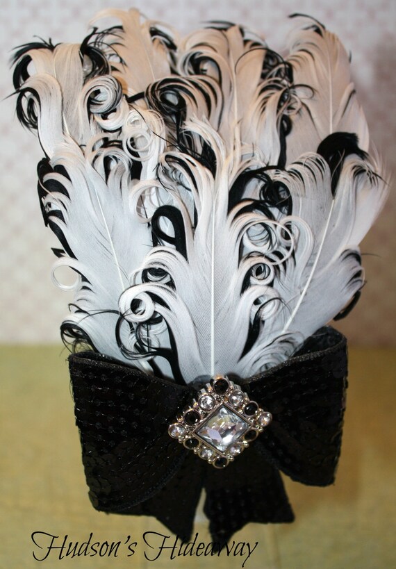 Items similar to Black and white feather fascinator sequin bow headband