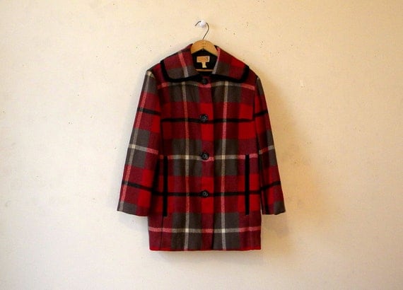 Plaid Pendleton Wool Coat Jacket / 60s 70s / Big Collar Beautiful Colors M-L