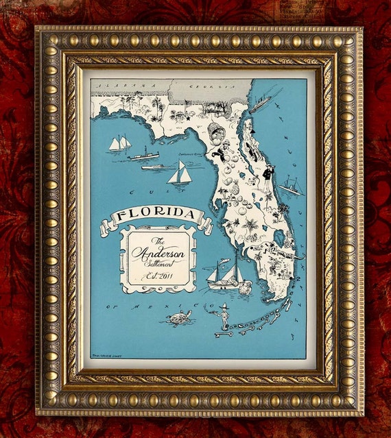 Custom MAP Art Print FLORIDA Vintage Retro Personalized Map