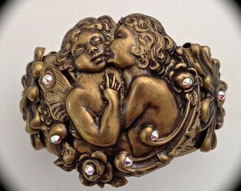 Victorian Valentine Cherub Cuff with Swarovski Crystal, Vintage Gold
