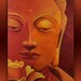 Original Bright Red, Orange, Yellow Buddha Painting - Face with Flower and Decorative Texture 24x30