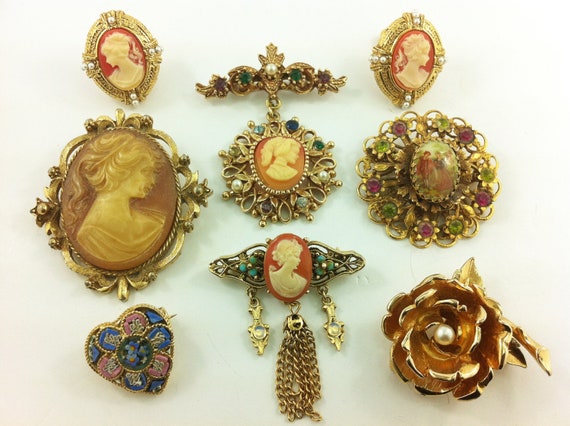 Vintage Cameo Brooch Jewelry Lot chatelaine style micro