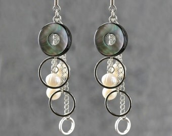 Black shell pearl dangling chandelier earrings Bridesmaids gifts Free US Shipping handmade Anni Designs