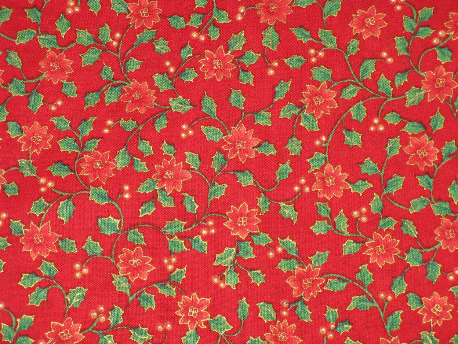Cotton Fabric Christmas Print Red Poinsettia and Holly