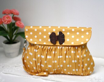 Polkadot clutch mustard yellow and white, pleated wristlet, gathered clutch