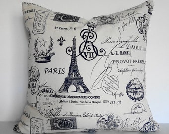 Shabby Chic Eiffel Tower Decorative Pillow Cushion, French Pillow, Paris Travel Stamp Passport Pillow Cover, Navy Blue, 18 x 18, 16 x 16