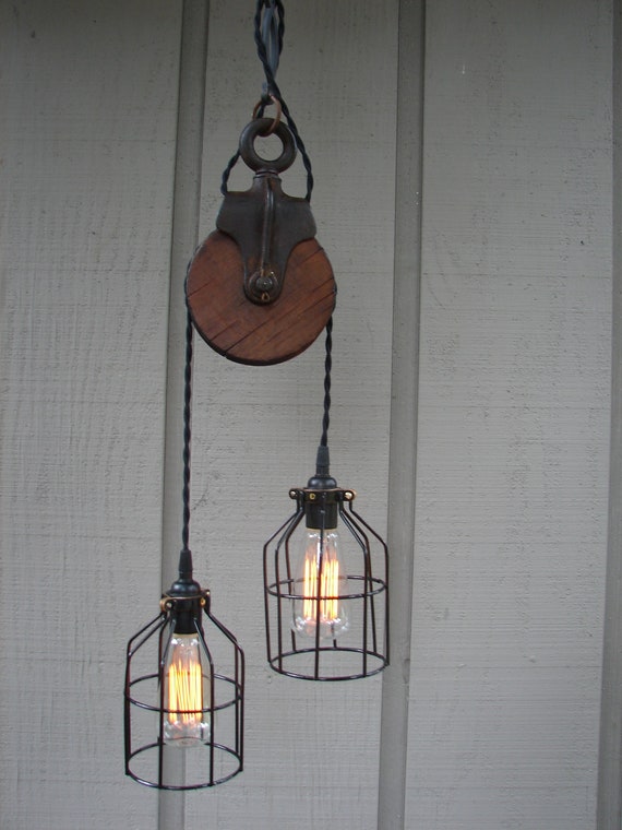 Upcycled Vintage Farm Pulley Lighting Pendant with Bulb Cages