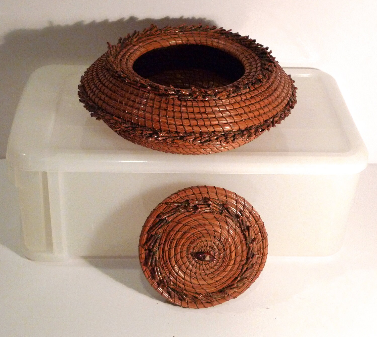 Woven coiled Basket Pine Needle Lidded Basket Folk Art Cottage