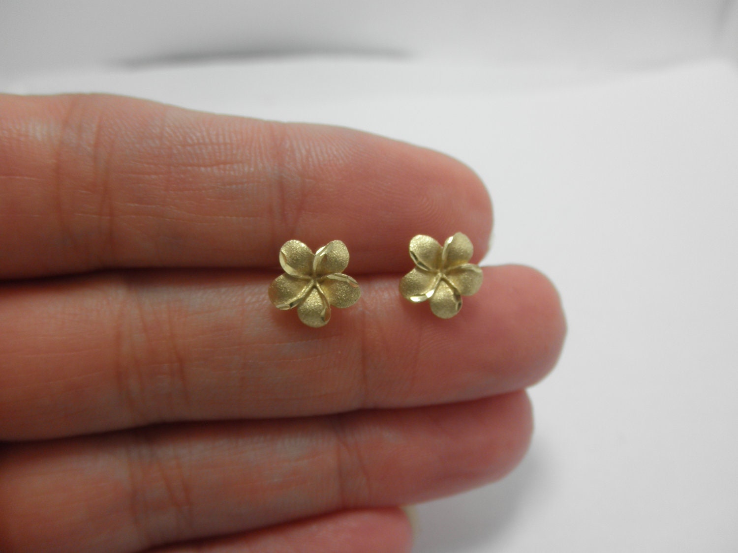 Yellow gold 14K gold plumeria flower earrings