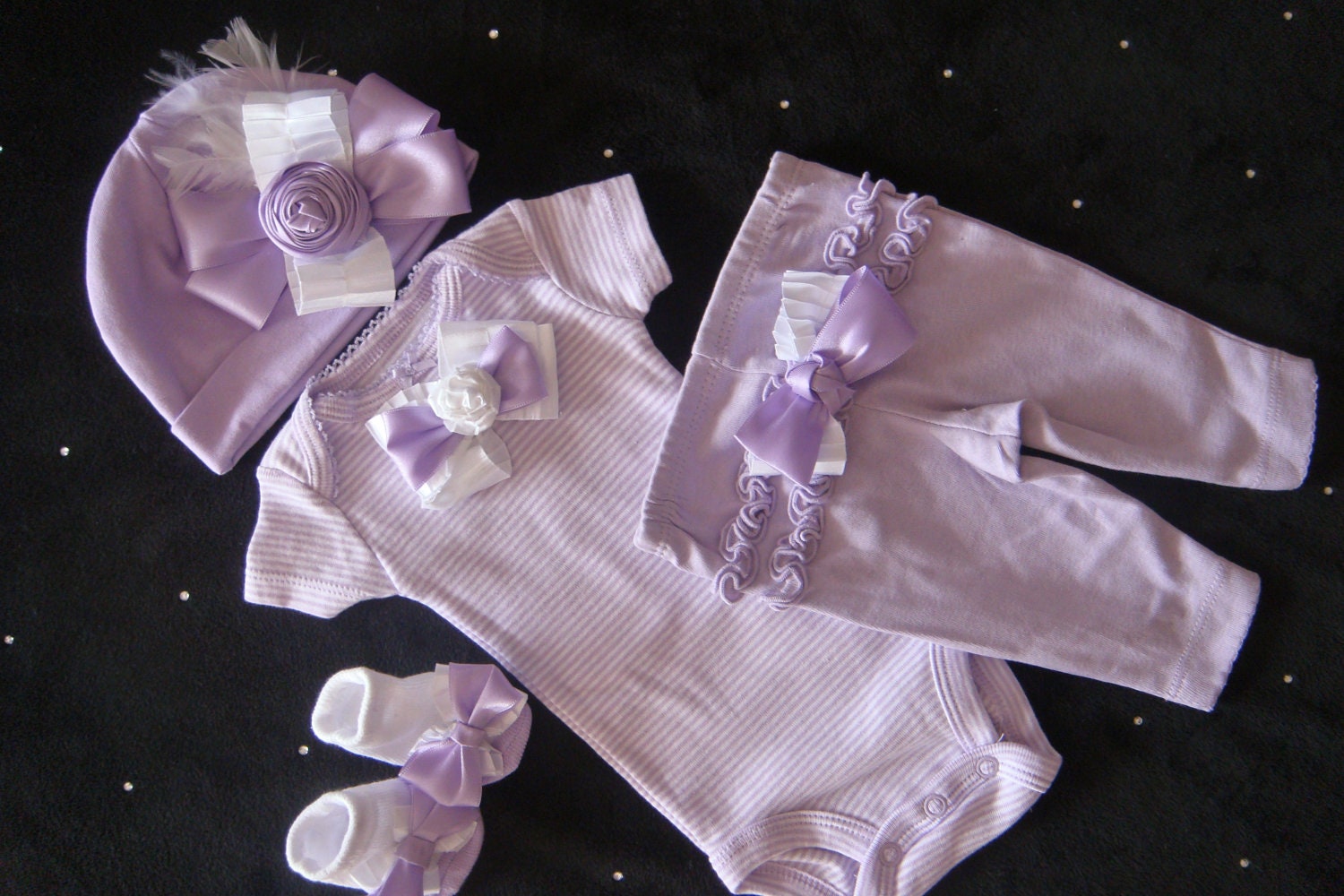 Lavender Lilac NEWBORN baby girl outfit onesie layette ribbon