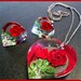 Vintage Red Rose Pendant & Clip On Earring Demi Set Lucite or Resin Silver Chain VG