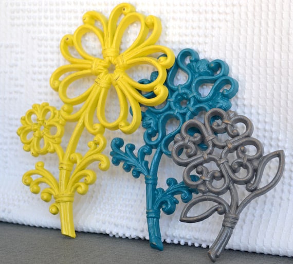 Teal Yellow Grey/Gray Wall Flowers Upcycled Painted Wall