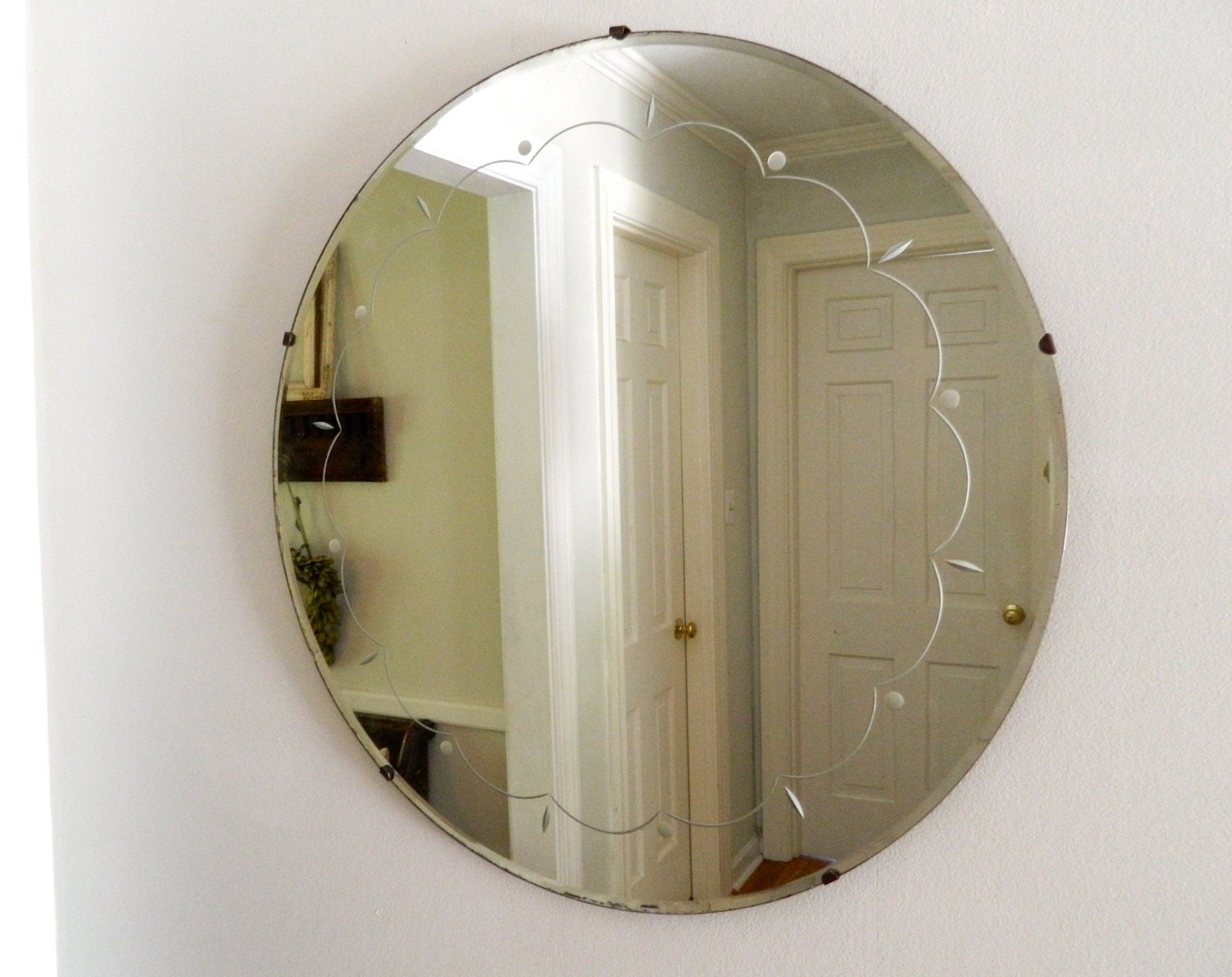 Vintage Etched Beveled Mirror Round Large