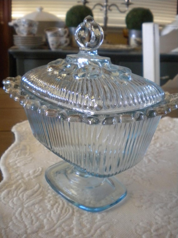 Blue Depression Glass Pedestal Candy Dish With by ShabbyBrocante