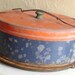 Decorative Old Blue and Orange Metal Cake Carrier with Green Wooden Handle SALE PRICE