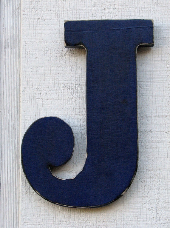 Rustic Wooden Letter J Distressed in Cobalt Blue12 tall