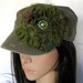 Olive Green Cadet Military Distressed Army Hat with a Variegated Green Chiffon Flower and Green and Rhinestone Accent