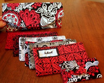 Fabric Cash Envelope wallet budget system with EMBROIDERED LABELS - Red and Black