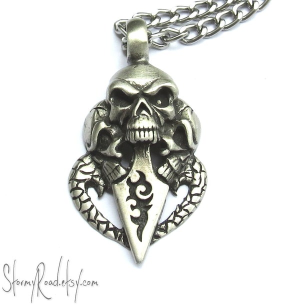 Triple Skull Necklace Edgy Skull Jewelry Tribal By Stormyroad 3566