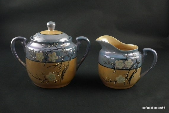 Takito Orange and Blue Lusterware Tea Set Teapot Creamer
