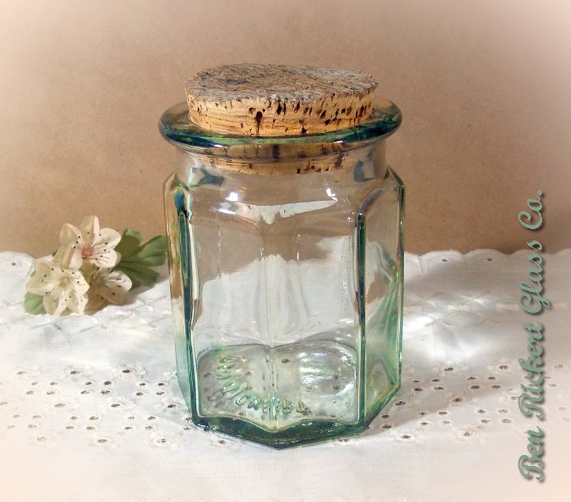 Vintage GREEN Glass JAR with Original CORK Lid by TheWhitePelican