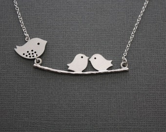 068- Momma and her chicks - Sterling silver birds on a branch necklace