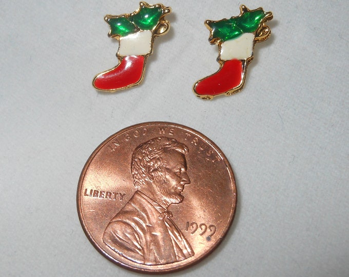 Christmas stocking earrings, small enamel Christmas stocking studs