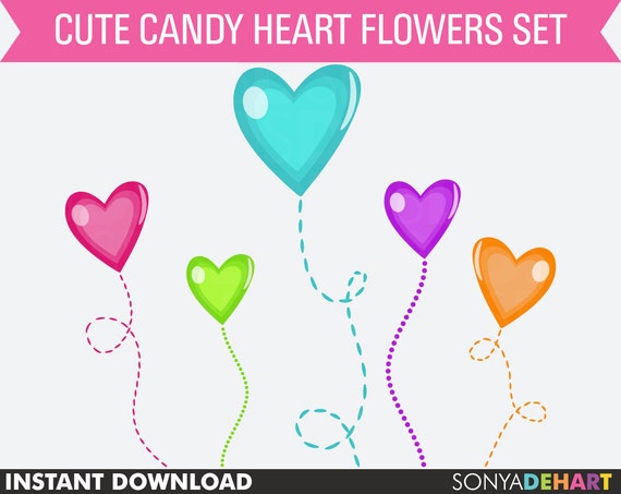 50% OFF SALE Candy Heart Flowers Flower Balloons Balloon Digital Hearts Clip Art Clipart Commercial Instant Download Il_570xn