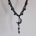 Crochet Necklace with Moon Fairy Pendant and Black Beads, Black Beaded Necklace with Moon Pendant, Crocheted Jewelry
