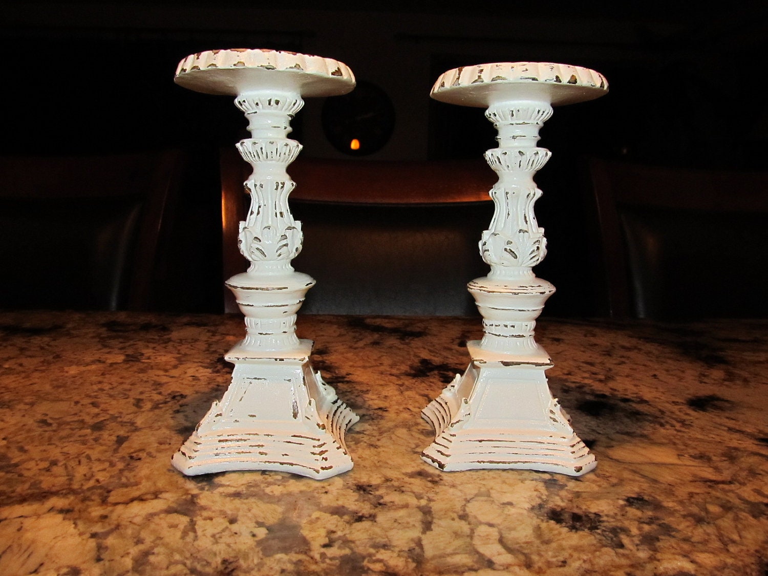 Two Piece Shabby Chic Pillar Candle Holders Antique White