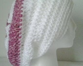 Crochet Slouchy Beret/Hat - White & Pink Striped - Adult Size