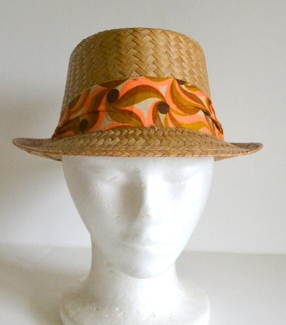 Vintage Mexican Hat Fedora Woven Straw Grass Reed w/ Neon