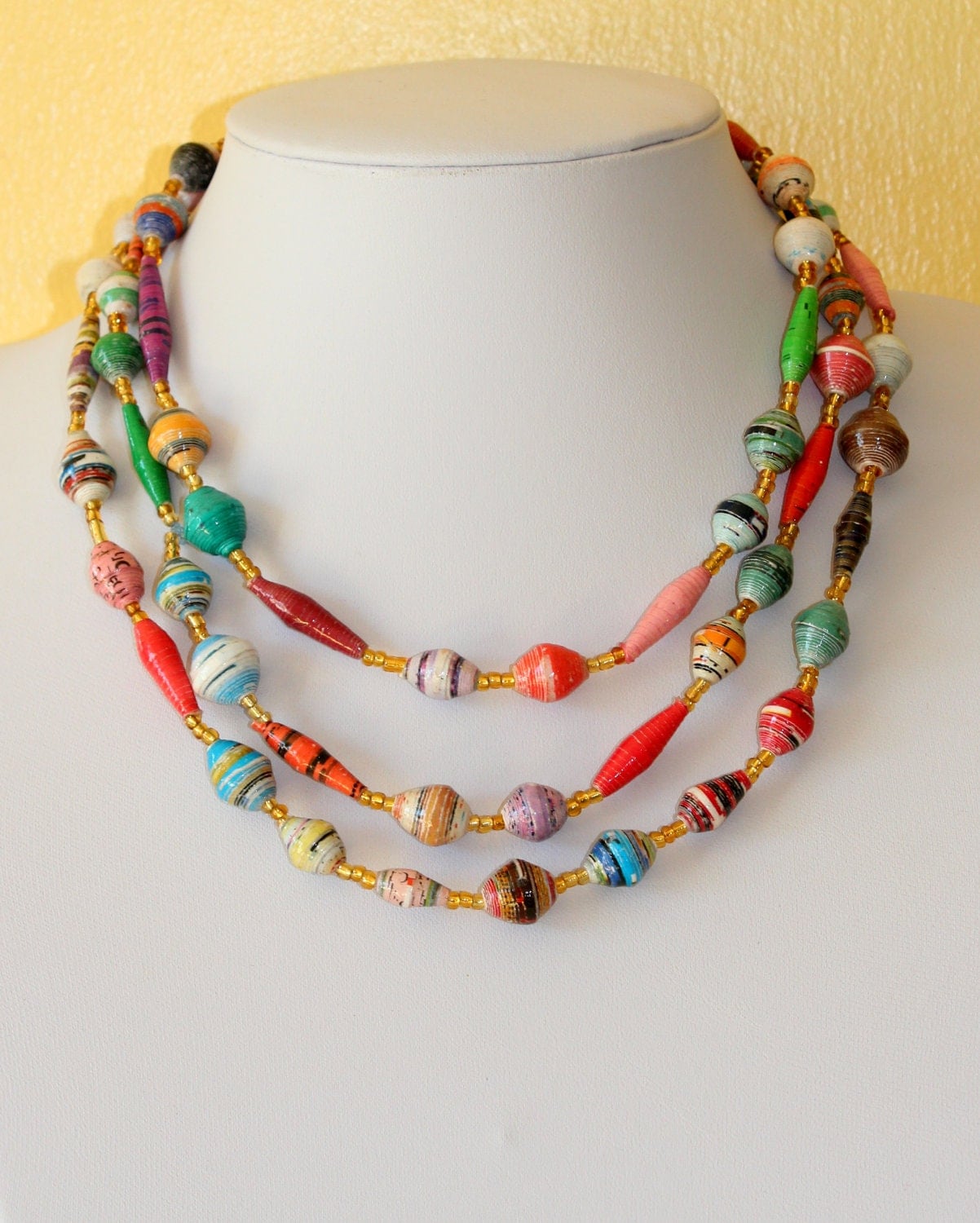 African Design Necklace. Hand Rolled Paper Beads. Paper Mache.