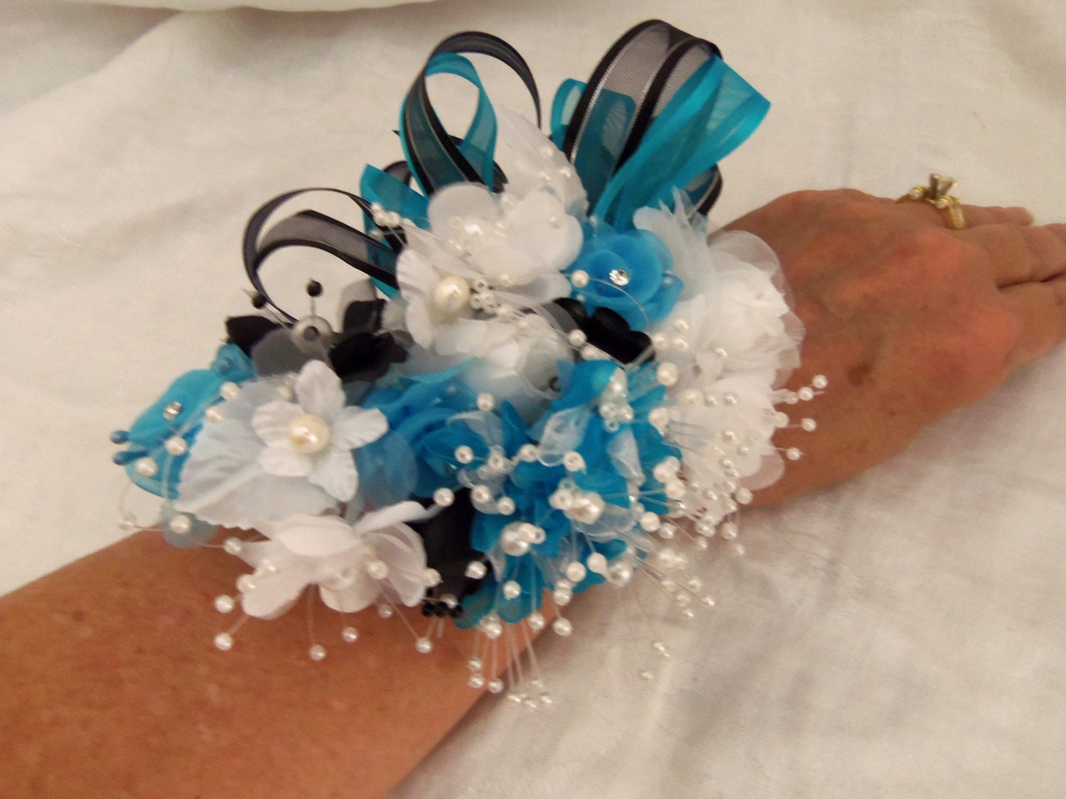 Wrist Corsage Wedding Prom Homecoming Turquoise and Black