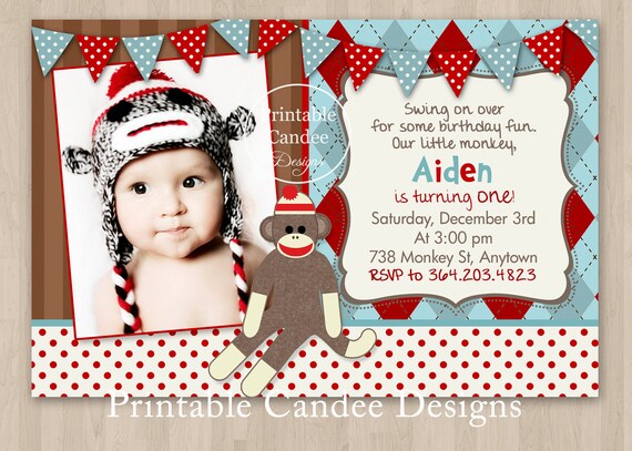 Sock Monkey First Birthday Invitations 2