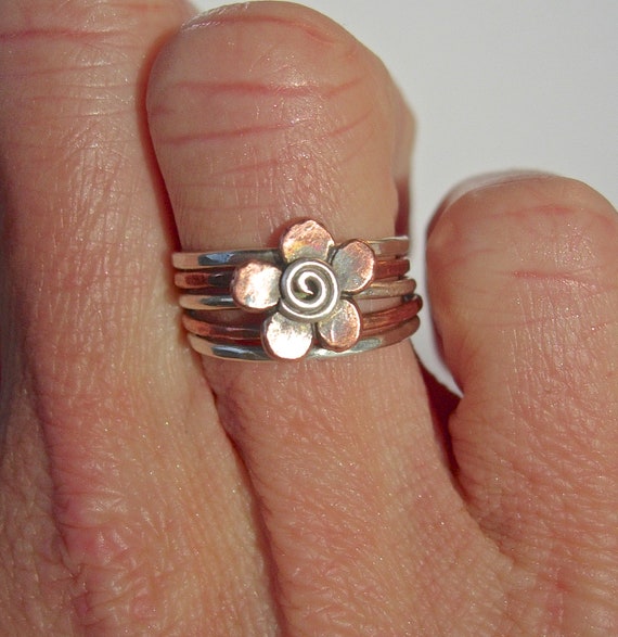 Items similar to Five Petal Copper and silver Flower Ring, Stacking