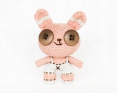 Art Doll. Crochet Pinkie Bunny Girl. Rabbit toy. Pink Gray Brown. One of a Kind Doll. Pocket Miniature. Stuffed Animal.