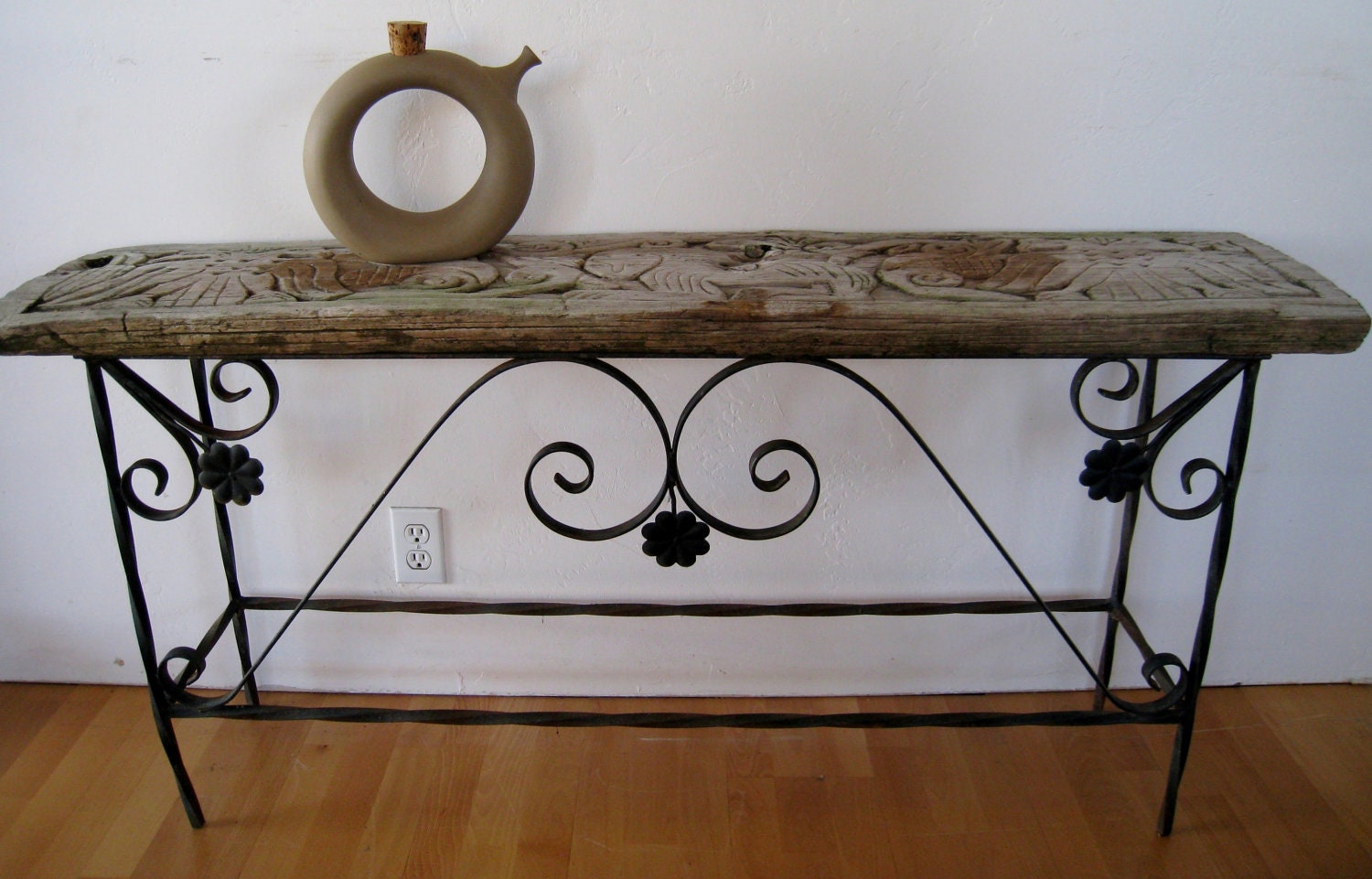 Vintage rustic carved wood and wrought iron console table or