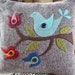 Folk Art Blue Bird on Brown Tweed Pillow Slipcover