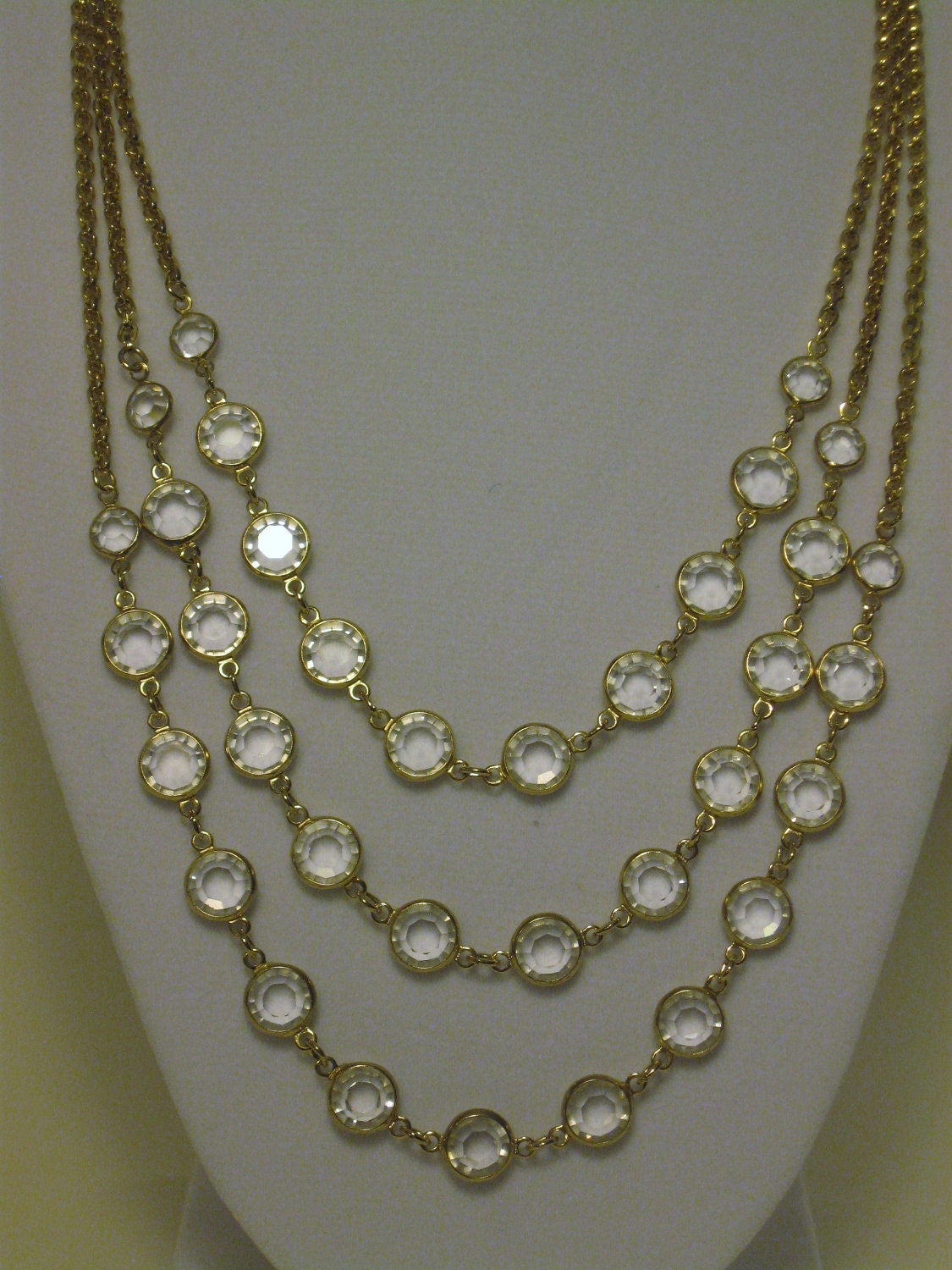 Vintage Bezel Set Crystal Necklace Three Tier Open Back Bezel
