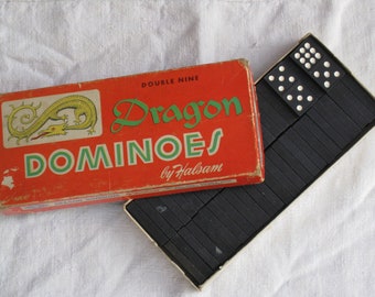 Price Reduced - Set of 54 Vintage Wooden Dragon Dominoes - In Original Box - Game, Supplies, Crafting, Altered Art, Collage