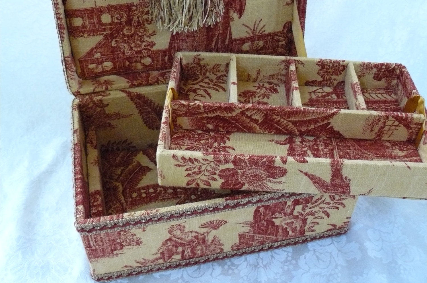 Fabric Covered Jewelry Box Oriental Toile Pattern Mothers Day