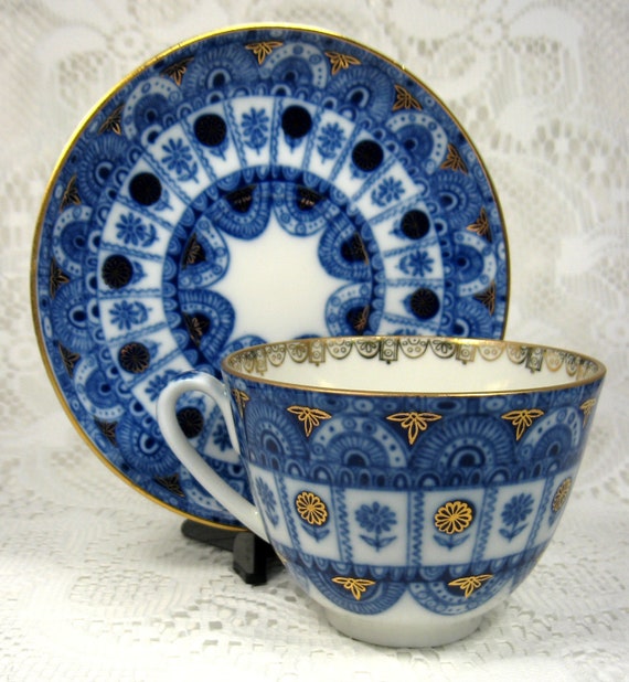 Lomonosov Russian Cup And Saucer Blue White Gold Porcelain