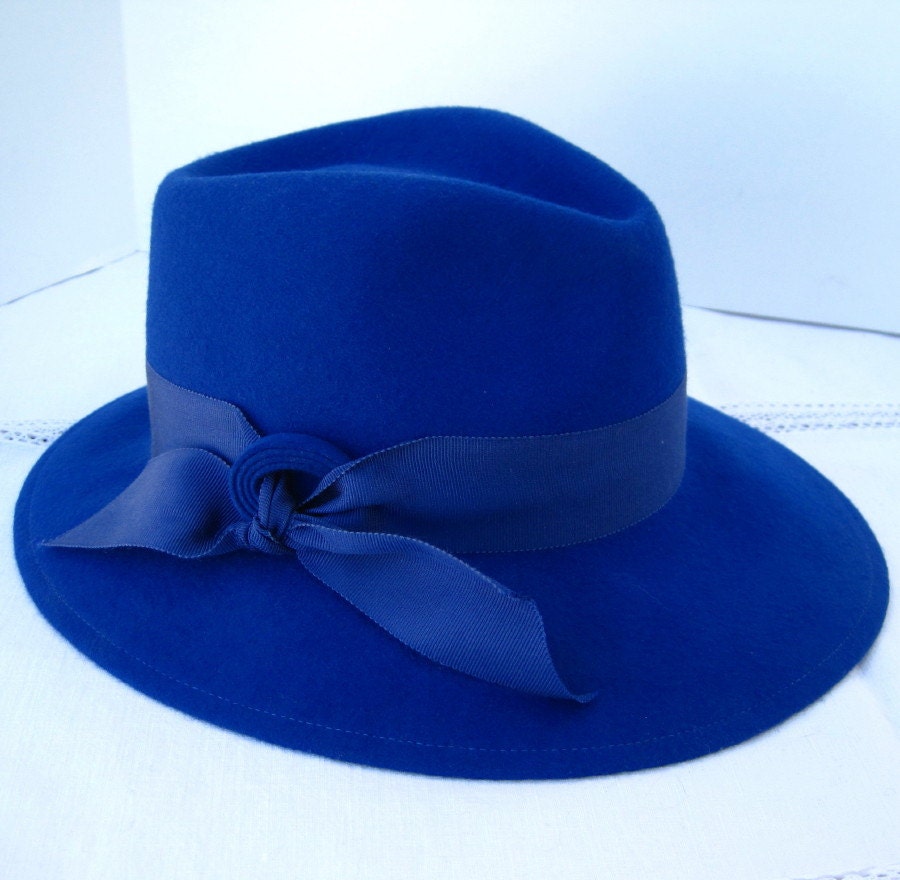 Vintage Royal Blue Fedora Style Wool Felt Hat