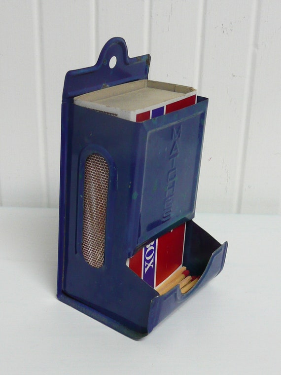 Vintage Blue Tin Metal Match Box Holder Safe Vintage Travel